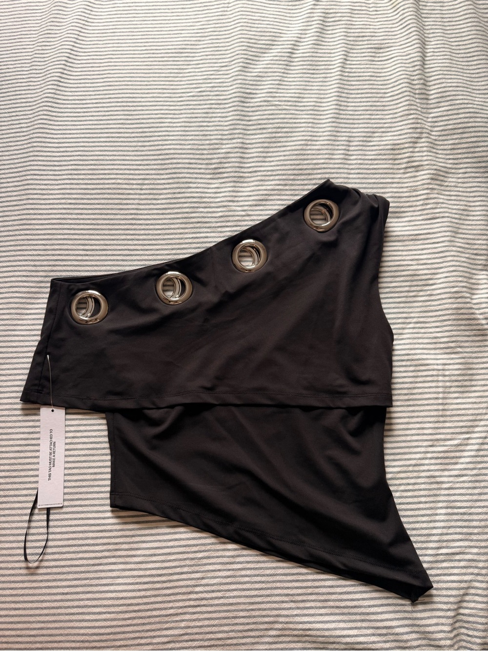 Princess Polly One-Shoulder Black Asymmetric Top with Silver Eyelet Detail